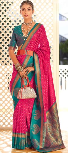 Pink and Majenta color Saree in Banarasi Silk, Silk fabric with Weaving work