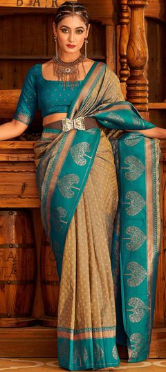 Beige and Brown color Saree in Banarasi Silk, Silk fabric with Weaving work