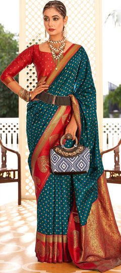 Blue color Saree in Banarasi Silk, Silk fabric with Weaving work