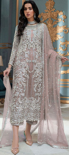 Beige and Brown color Salwar Kameez in Organza Silk, Silk fabric with Embroidered, Resham, Thread work