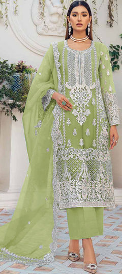 Green color Salwar Kameez in Viscose fabric with Embroidered, Thread work