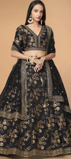 Black and Grey color Lehenga in Art Silk fabric with Embroidered, Sequence, Thread, Zari work