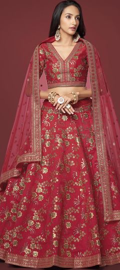 Red and Maroon color Lehenga in Art Silk fabric with Embroidered, Sequence, Thread, Zari work