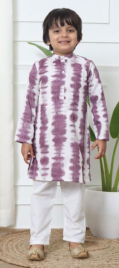 Purple and Violet, White and Off White color Boys Kurta Pyjama in Cotton fabric with Printed, Sequence, Thread work