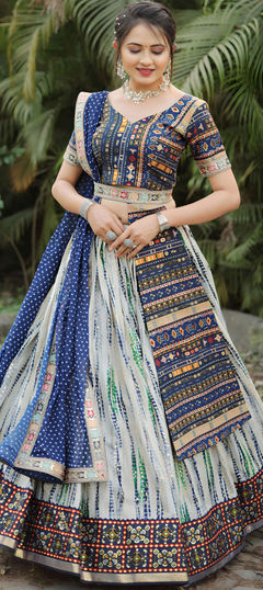 White and Off White color Ready to Wear Lehenga in Cotton fabric with Digital Print, Embroidered, Sequence, Thread work