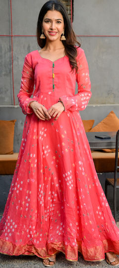 Festive, Party Wear Red and Maroon color Salwar Kameez in Chiffon fabric with Anarkali Bandhej, Printed work : 1884506