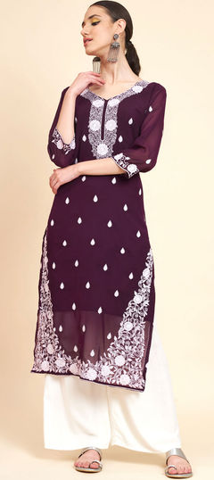 Purple and Violet color Kurti in Georgette fabric with Embroidered, Resham, Thread work