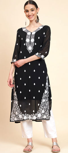 Festive, Party Wear Black and Grey color Kurti in Georgette fabric with Long Sleeve, Straight Embroidered, Resham, Thread work : 1884641