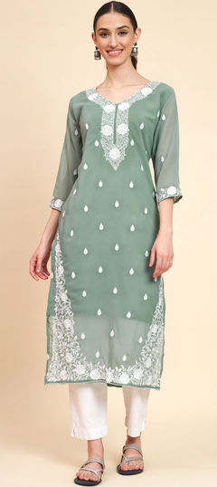 Festive, Party Wear Green color Kurti in Georgette fabric with Long Sleeve, Straight Embroidered, Resham, Thread work : 1884642