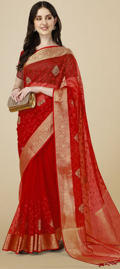 Red and Maroon color Saree in Organza Silk, Silk fabric with Border, Embroidered work