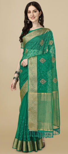 Green color Saree in Organza Silk, Silk fabric with Border, Embroidered work