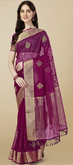 Purple and Violet color Saree in Organza Silk, Silk fabric with Border, Embroidered work