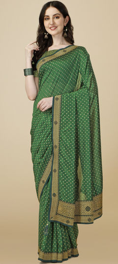 Green color Saree in Art Silk, Silk fabric with Foil Print, Stone, Swarovski work