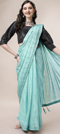 Casual, Party Wear Blue color Saree in Imported fabric with Classic Lace work : 1884875