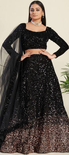 Black and Grey color Lehenga in Velvet fabric with Sequence, Thread work