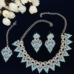 Silver Rodium Polish Blue color Necklace in Metal Alloy studded with Austrian diamond