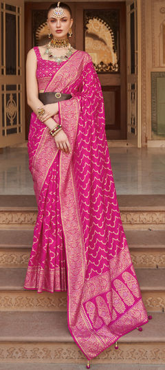 Pink and Majenta color Saree in Banarasi Silk, Silk fabric with Weaving work