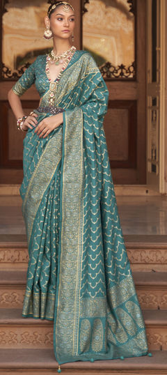 Green color Saree in Banarasi Silk, Silk fabric with Weaving work