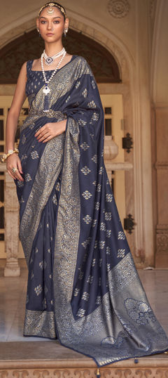 Blue color Saree in Banarasi Silk, Silk fabric with Weaving work