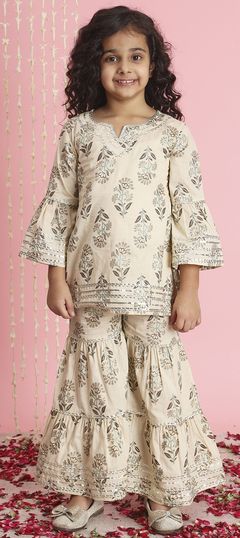 Festive, Reception, Summer White and Off White color Girls Top with Bottom in Cotton fabric with Sharara Gota Patti, Printed work : 1885295