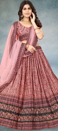 Mehendi Sangeet, Reception, Wedding Pink and Majenta color Lehenga in Art Silk fabric with Flared Digital Print, Floral work : 1885316