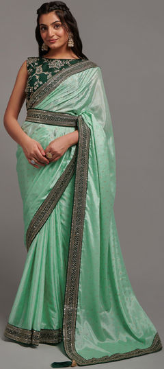 Green color Saree in Art Silk, Silk fabric with Embroidered, Lace, Zari work