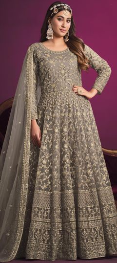 Black and Grey color Salwar Kameez in Net fabric with Sequence, Thread, Zari work