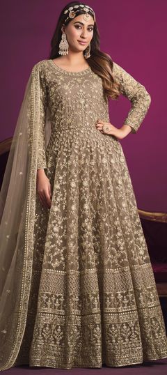 Beige and Brown color Salwar Kameez in Net fabric with Sequence, Thread, Zari work