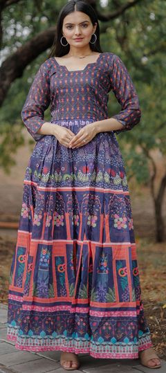 Blue color Gown in Chanderi Silk fabric with Digital Print, Floral work