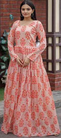 Pink and Majenta color Gown in Chanderi Silk fabric with Digital Print, Floral work