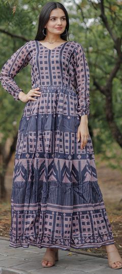 Blue color Gown in Chanderi Silk fabric with Digital Print work