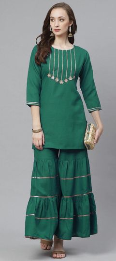 Green color Salwar Kameez in Rayon fabric with Gota Patti work