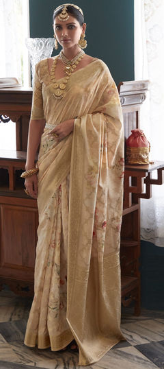 Beige and Brown color Saree in Silk fabric with Digital Print, Floral, Weaving work