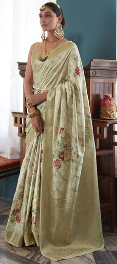 Beige and Brown color Saree in Silk fabric with Digital Print, Floral, Weaving work