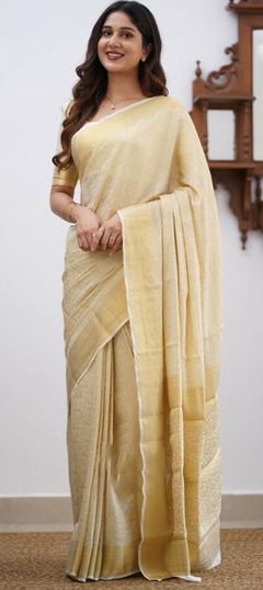 White and Off White color Saree in Art Silk, Silk fabric with Weaving work