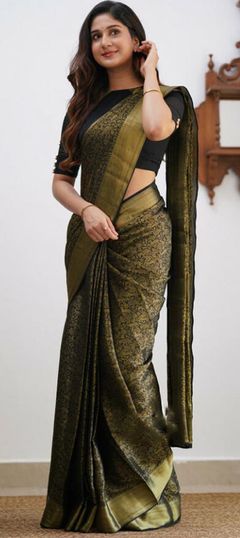 Black and Grey color Saree in Art Silk, Silk fabric with Weaving work