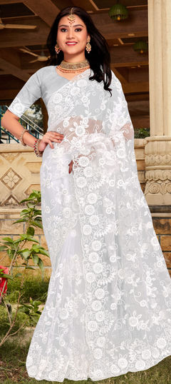 White and Off White color Saree in Net fabric with Embroidered, Moti, Resham, Stone, Thread work