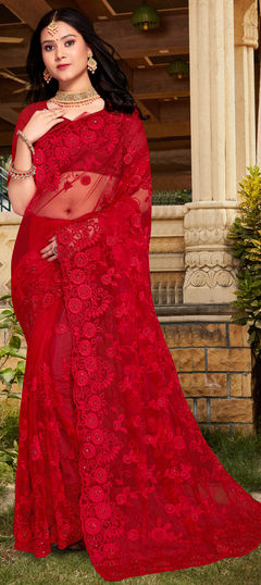 Red and Maroon color Saree in Net fabric with Embroidered, Moti, Resham, Stone, Thread work