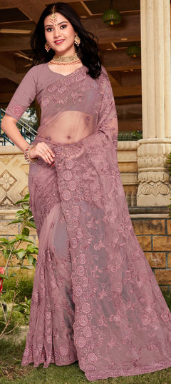 Purple and Violet color Saree in Net fabric with Embroidered, Moti, Resham, Stone, Thread work