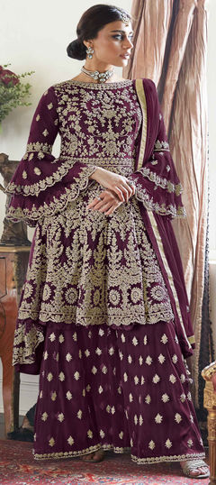 Red and Maroon color Salwar Kameez in Net fabric with Embroidered, Stone, Zari work