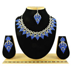 Silver Rodium Polish Blue color Necklace in Metal Alloy studded with Austrian diamond