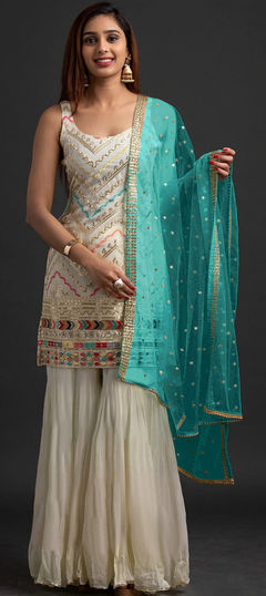 White and Off White color Salwar Kameez in Georgette fabric with Embroidered, Sequence work