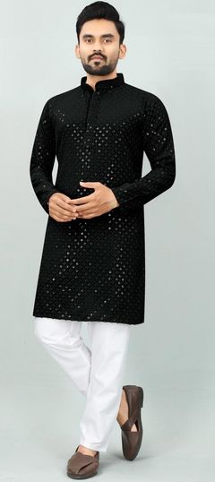 Black and Grey color Kurta Pyjamas in Rayon fabric with Embroidered, Resham, Thread work