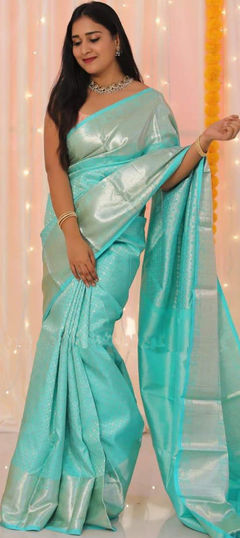 Blue color Saree in Litchi Silk, Silk fabric with Weaving work