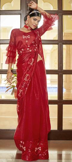 Engagement, Reception, Wedding Red and Maroon color Saree in Chiffon fabric with Classic Embroidered, Sequence work : 1886079