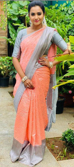 Orange color Saree in Litchi Silk, Silk fabric with Weaving work