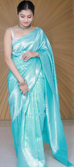 Blue color Saree in Litchi Silk, Silk fabric with Weaving work