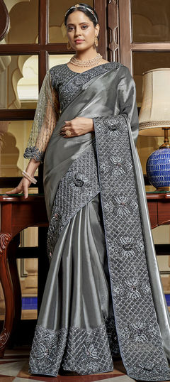 Black and Grey color Saree in Chiffon fabric with Embroidered, Sequence work