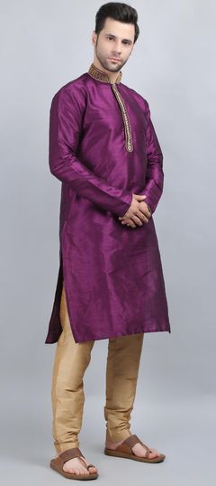 Purple and Violet color Kurta Pyjamas in Dupion Silk fabric with Embroidered, Thread, Zari work