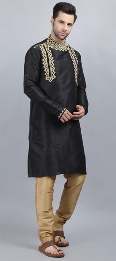 Black and Grey color Kurta Pyjamas in Dupion Silk fabric with Embroidered, Thread, Zari work